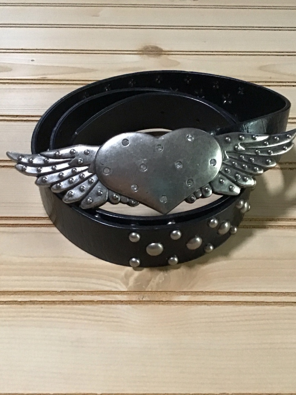 Vintage Y2K Black Silver Color Metal Rhinestone Winged Heart Studded Belt L